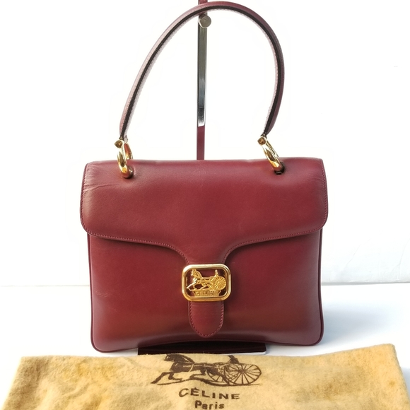 CELINE Vintage Rare Horse Carriage Burgundy Red Leather Top handle Classic Purse - Picture 3 of 16